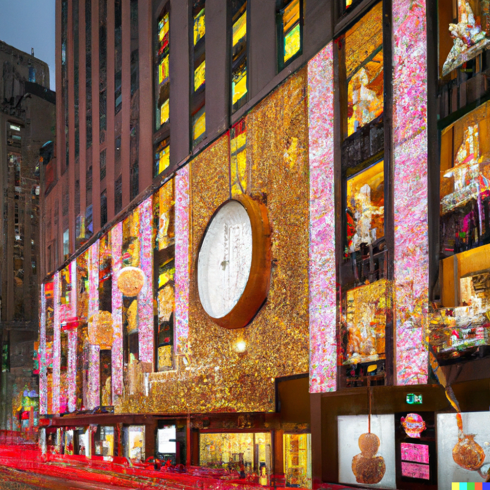 DALL·E 2022 11 25 09.19.33 Las decoraciones de los grandes almacenes de la Quinta Avenida son un punto culminante NYC esta agitado en el periodo previo a la Navidad. La ciudad s