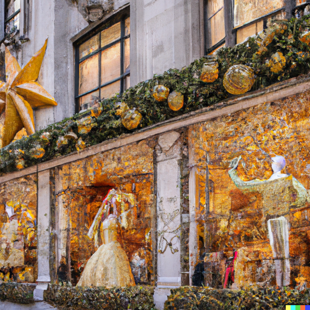 DALL·E 2022 11 25 09.19.37 Las decoraciones de los grandes almacenes de la Quinta Avenida son un punto culminante NYC esta agitado en el periodo previo a la Navidad. La ciudad s
