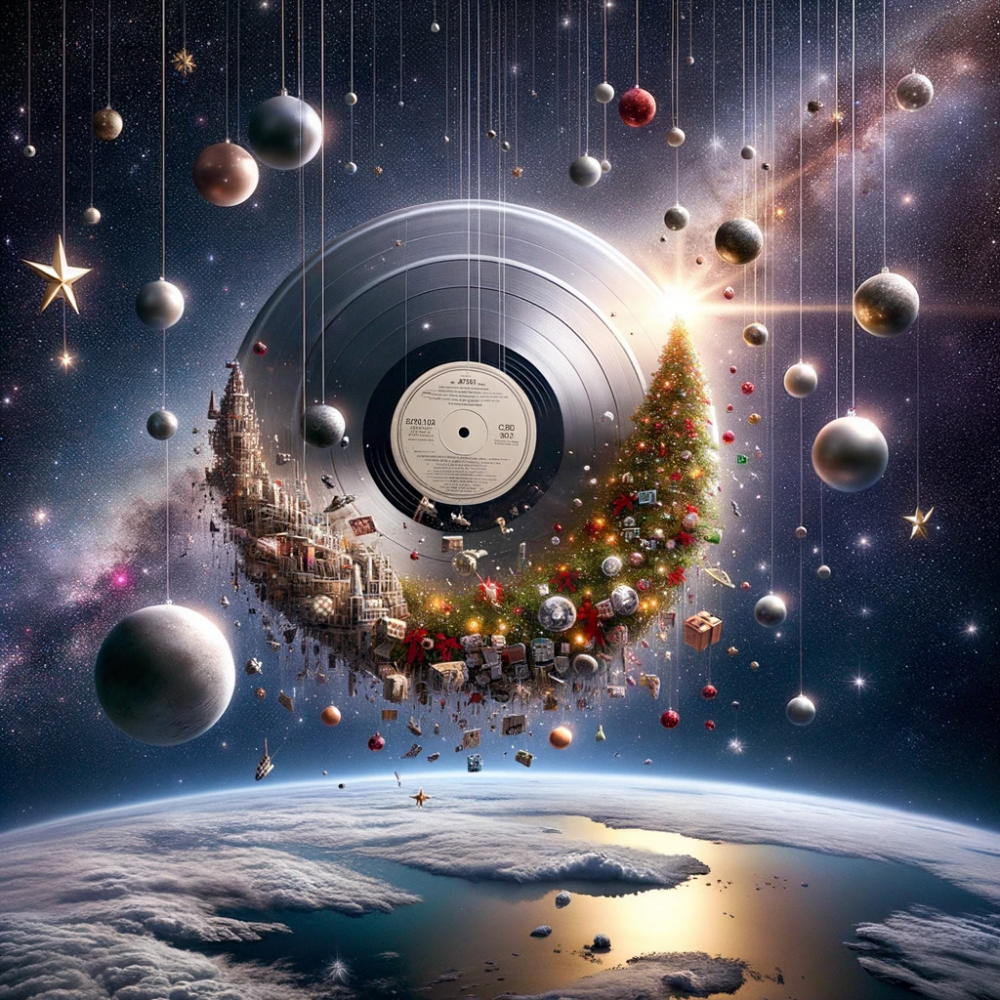 DALL·E 2023 10 20 09.02.17 Fotorrealista representacion de un album musical flotando en el espacio con estrellas y planetas de fondo titulo Christmas in Europe por Thomas Hen