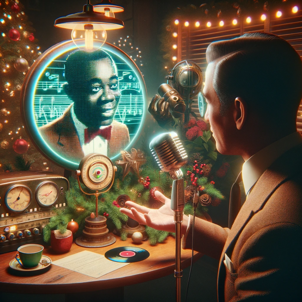 DALL·E 2023 11 06 09.03.11 Create a photorealistic retro futuristic image with a Christmas theme featuring an anonymous interviewer discussing Louis Armstrongs Christmas song