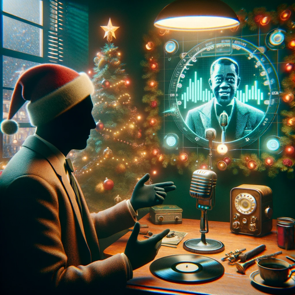 DALL·E 2023 11 06 09.03.13 Create a photorealistic retro futuristic image with a Christmas theme featuring an anonymous interviewer discussing Louis Armstrongs Christmas song